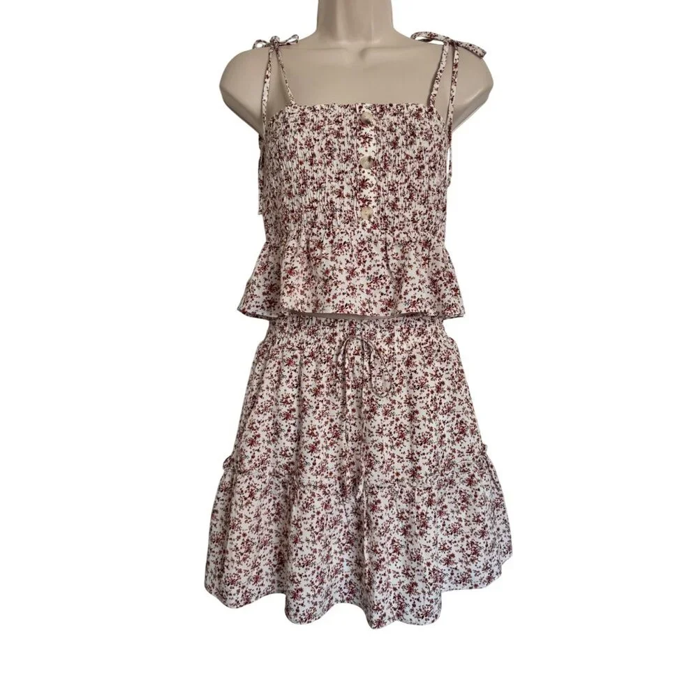 Paper Crane Smocked Sleeveless Top Skirt Size Medium Two Piece Set Print Pink NW